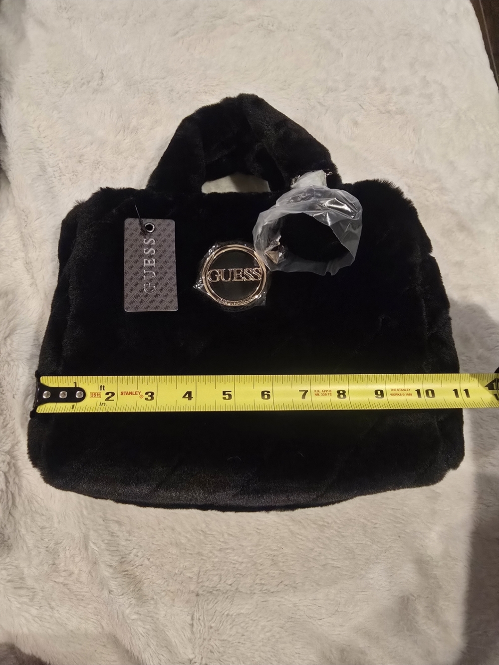 GUESS Black Faux Fur Tote with Gold Logo Accent - Picture 5 of 6